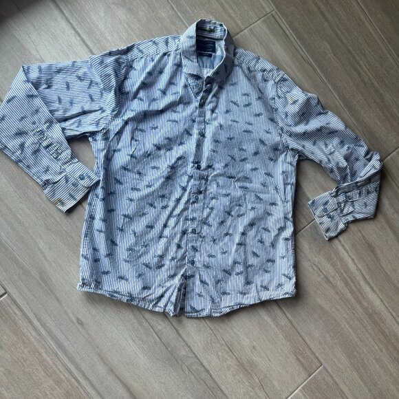 Denim & Flower White & Blue Striped Men's Button-Up Shirt with Dragonfly Print - Picture 2 of 6